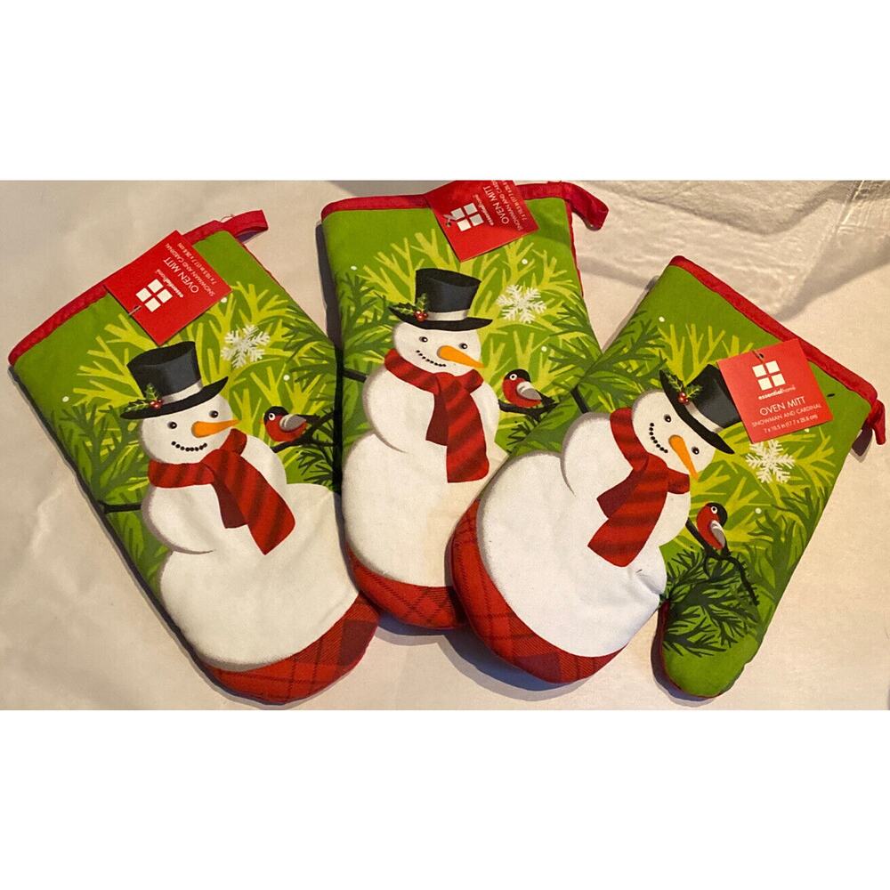 Oven Mitt (3) Winter Snowman Kitchen Holiday Decor Baking‎ Essential Home NWT